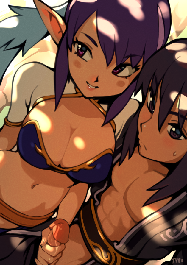 1boy abs armor bikini_armor black_hair blush_stickers breasts cleavage clothed_sex commentary dappled_sunlight day elf english_commentary female handjob jacket judith large_breasts midriff naughty_face navel open_clothes open_jacket optionaltypo pectorals pointy_ears precum purple_eyes purple_hair shrug_(clothing) sidelocks stealth_sex straight sunlight tales_of_(series) tales_of_vesperia typo_(requiemdusk) uncensored yuri_lowell