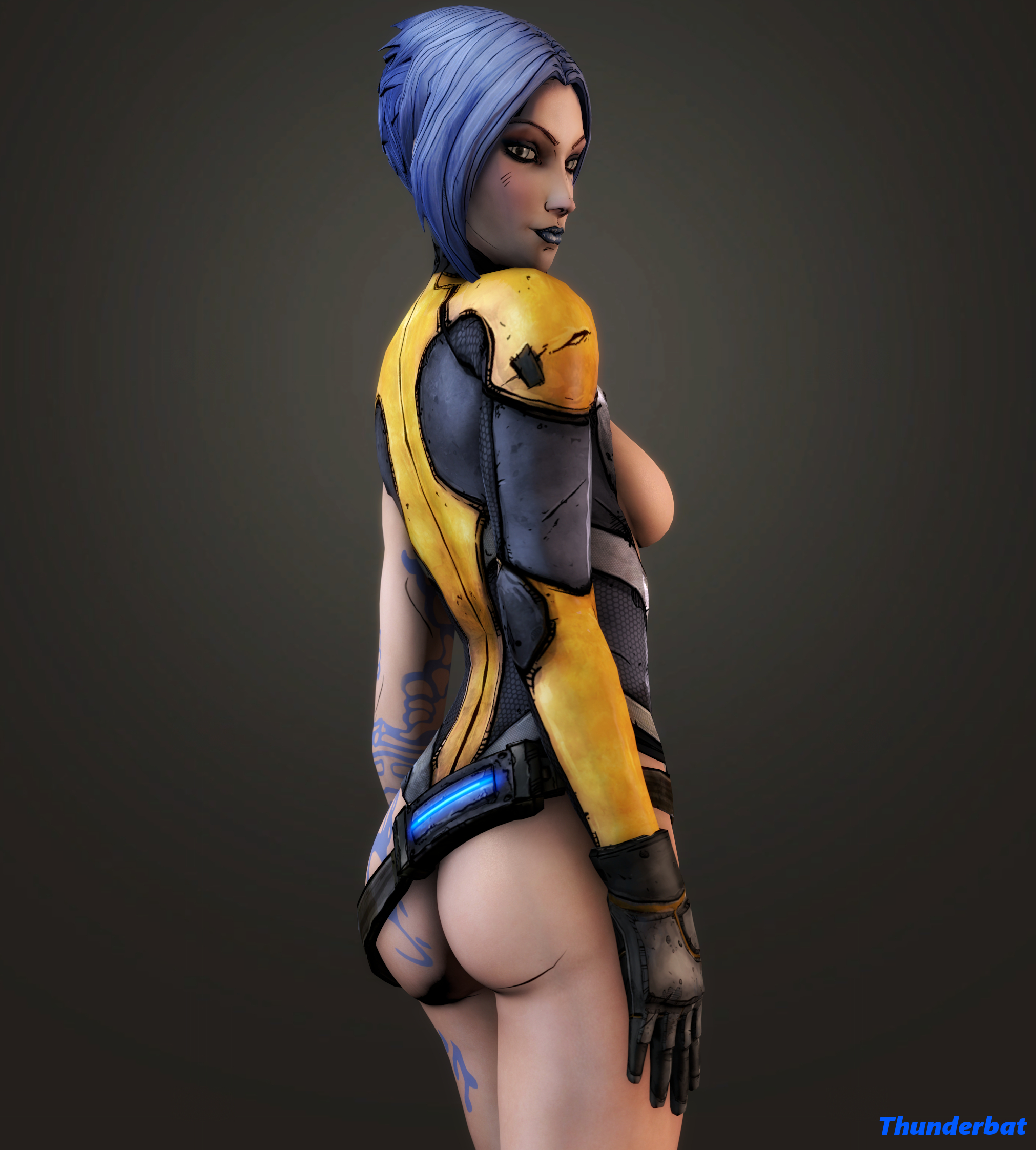 1girls, 3d, ass, blue hair, blue lipstick, bob cut, body markings, borderlands, borderlands 2, breasts, clothing, female, female only, generalthunderbat, grey eyes, looking back, maya (borderlands), medium breasts, open clothes, short hair, siren (borderlands), siren markings, smile, solo, solo female, tattoo