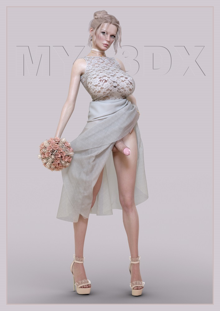 1futa, 3d, areolae, balls, big breasts, breasts, bride, casual, cleavage, clothing, dickgirl, erection, footwear, futa bride, futa only, futanari, halya (mya3dx), high heels, human, intersex, looking at viewer, mya3dx, pale skin, penis, see-through, solo, solo futa, testicles, wedding dress