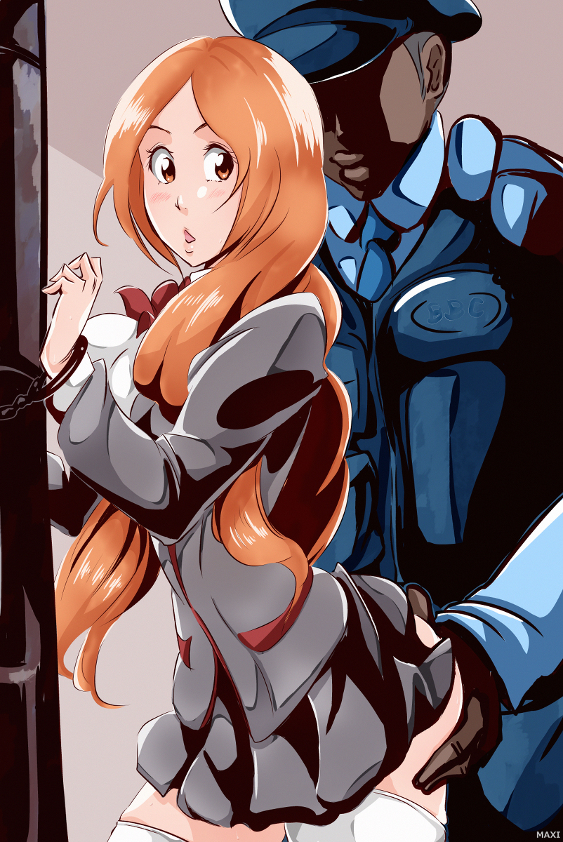 1boy, ass, ass grab, bleach, clothed, dark skin, dark-skinned male, female, highres, inoue orihime, male, maxi, police, school uniform