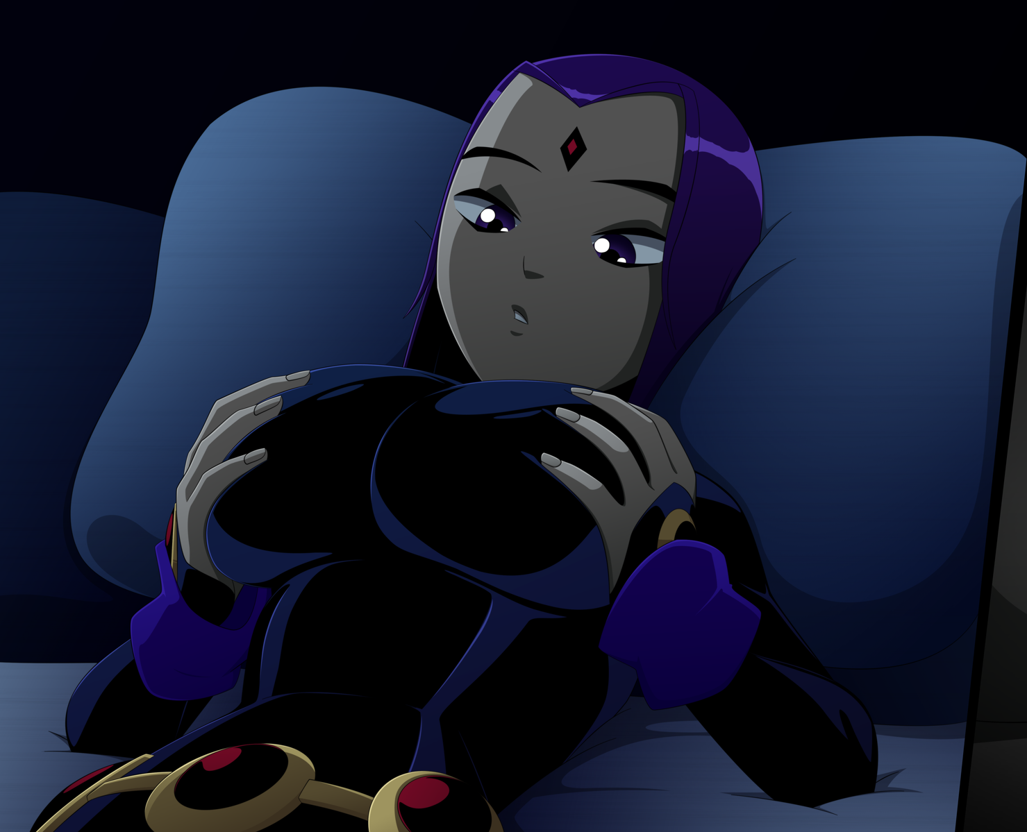 1girls, alternate breast size, big breasts, breast grab, breasts, cleavage, clothed, covered breasts, dc, dc comics, edit, edited, favorite, female, female only, forehead jewel, goth, grey skin, holding breasts, large breasts, leotard, lying down, pillow, purple eyes, purple hair, rachel roth, raven (dc), ravenravenraven, smooth skin, solo, teen titans