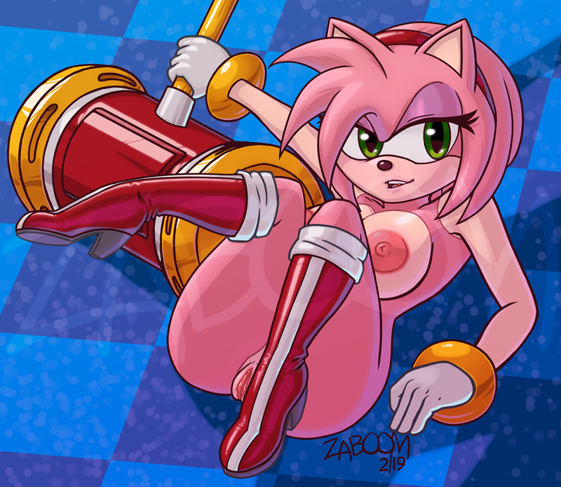 2019 amy_rose anthro areola arm_support big_areola boots bracelet breasts eulipotyphlan eyelashes female female_only footwear furry gloves green_eyes hairband half-closed_eyes hedgehog high_heels holding_object holding_weapon jewelry large_breasts legs_up mammal nipples nude open_mouth piko-piko_hammer piko_piko_hammer pussy reclining sega shoes sonic_(series) watermark weapon zaboom