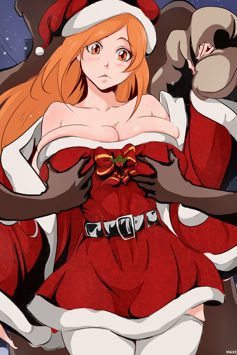 2boys, bleach, breast grab, breasts, christmas, cleavage, clothed, dark skin, dark-skinned male, female, groping, groping breasts, highres, huge breasts, inoue orihime, male, maxi