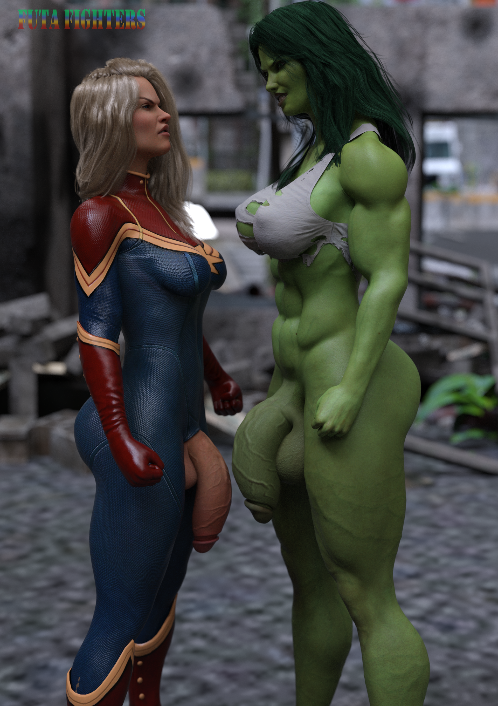2futas, 3d, 3d (artwork), abs, avengers, balls, big breasts, big penis, blonde hair, bottomless futa, breasts, captain marvel, carol danvers, dickgirl, female, flaccid, futa only, futa with futa, futafighters, futanari, green hair, green skin, green-skinned female, huge cock, huge penis, hulk (series), intersex, marvel, marvel comics, muscles, muscular, muscular futa, naked futa, penis, she-hulk, testicles, veiny penis
