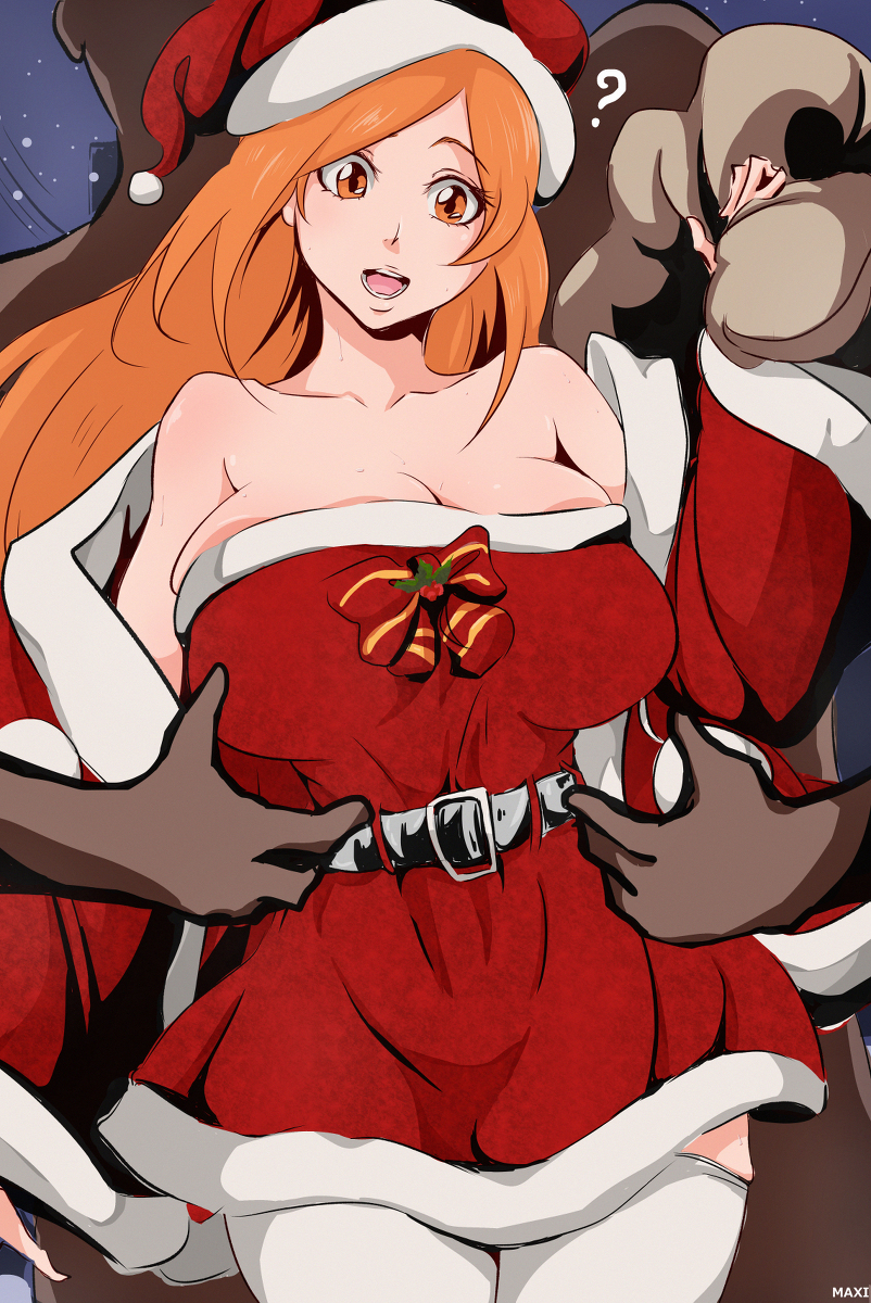 2boys, bleach, breasts, christmas, cleavage, clothed, dark skin, dark-skinned male, female, highres, huge breasts, inoue orihime, male, maxi, multiple boys, multiple males
