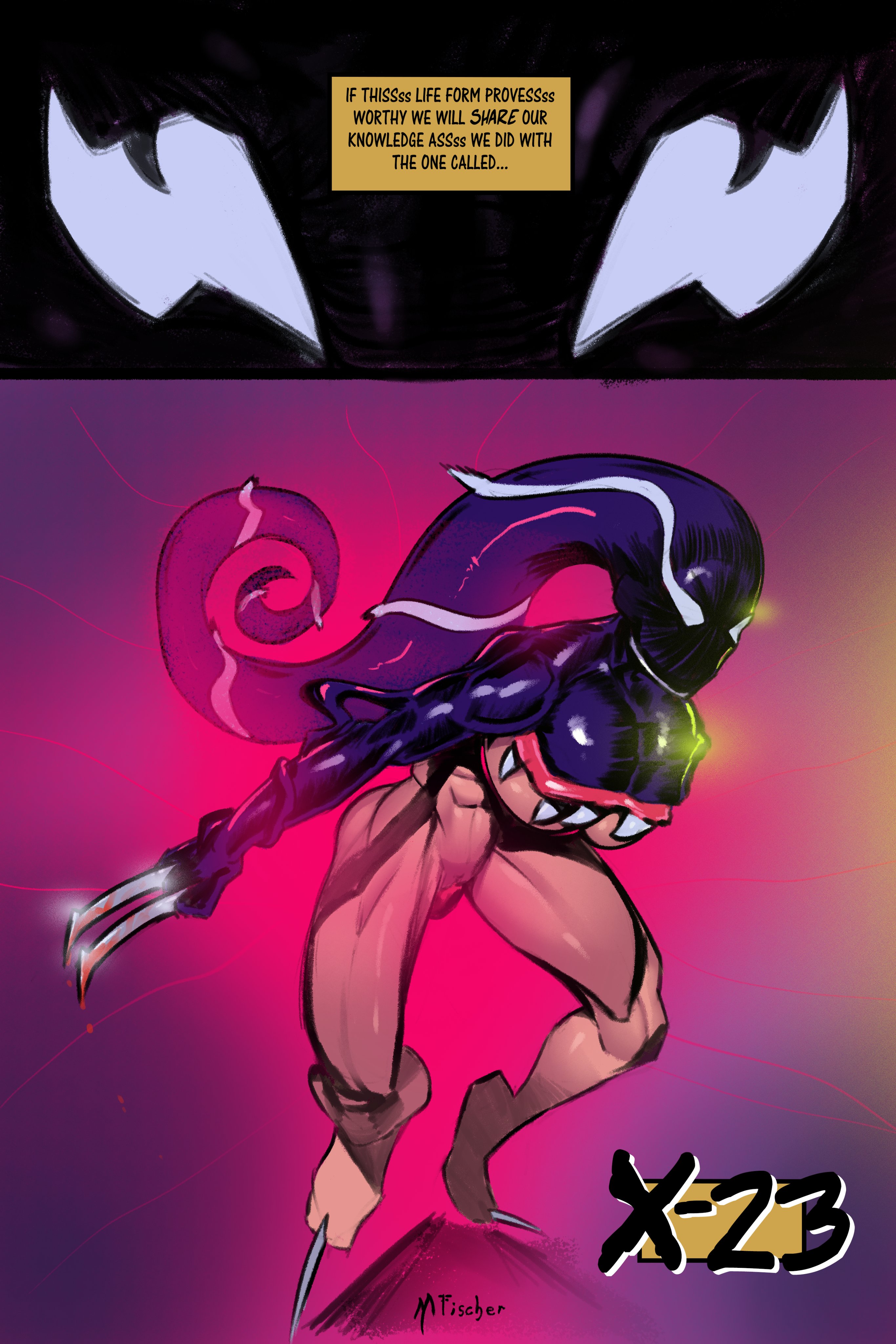 blue eyes, breasts, busty, female, gwen stacy, hourglass figure, imminent oral, imminent sex, laura kinney, male, marvel, marvel comics, meinfischer, penis, spider-gwen, spider-man (series), symbiote, tagme, venom, venom (marvel), venom's kiss (comic), wide hips, x-23, x-men
