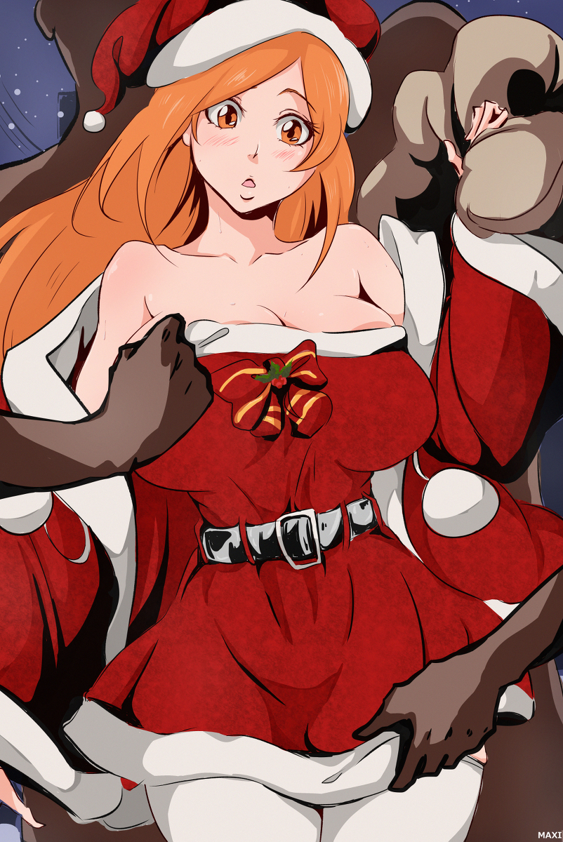 2boys, bleach, breasts, christmas, cleavage, clothed, dark skin, dark-skinned male, female, highres, huge breasts, inoue orihime, male, maxi, multiple boys, multiple males