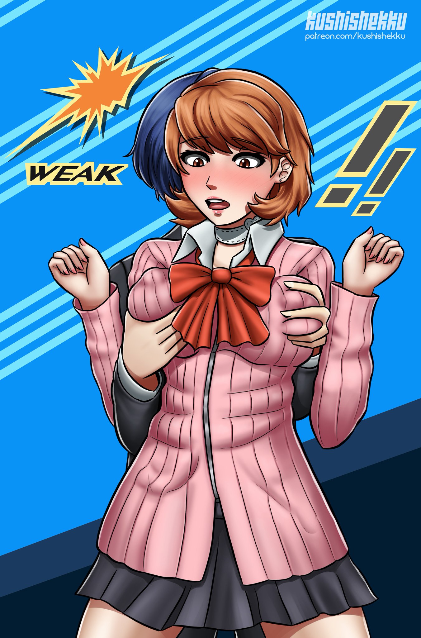 !!, 1boy, 1girls, artist name, blue hair, breast grab, breasts, brown eyes, brown hair, clothing, duo, female, from behind, groping, kushishekku, male, megami tensei, persona, persona 3, video games, watermark, yukari takeba, yuuki makoto