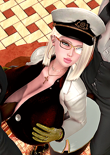 1girls 2boys 3d animated animated_gif big_breasts big_lips bimbo blonde_hair captain_hat classy cleavage clothed clothed_sex cross eyeshadow female finalheaven2 full_cleavage glasses gloves hat hoop_earrings huge_breasts large_penis lipstick makeup military_uniform mmf_threesome necklace paizuri paizuri_invitation paizuri_over_clothes paizuri_under_clothes peaked_cap penis_through_fly perpendicular_paizuri pink_lips platinum_blonde_hair short_hair thick_lips threesome uniform white_skirt