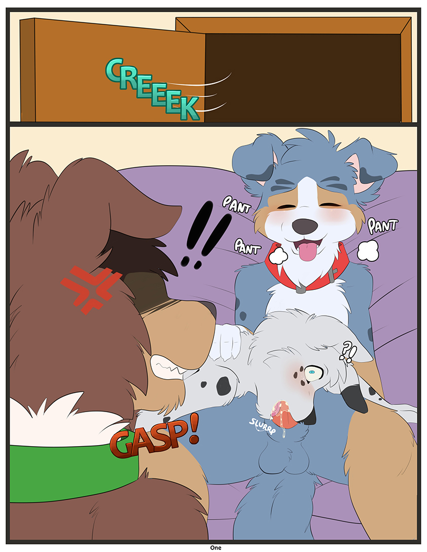 anthro aroused aussie australian_shepherd balls canid canine canis caught closed_eyes comic dalmatian domestic_dog erection fellatio female horny_(disambiguation) kade_(savestate) male mammal nicole_(savestate) oral panting penis savestate sex sucking tongue tongue_out wet xxgato yaoi