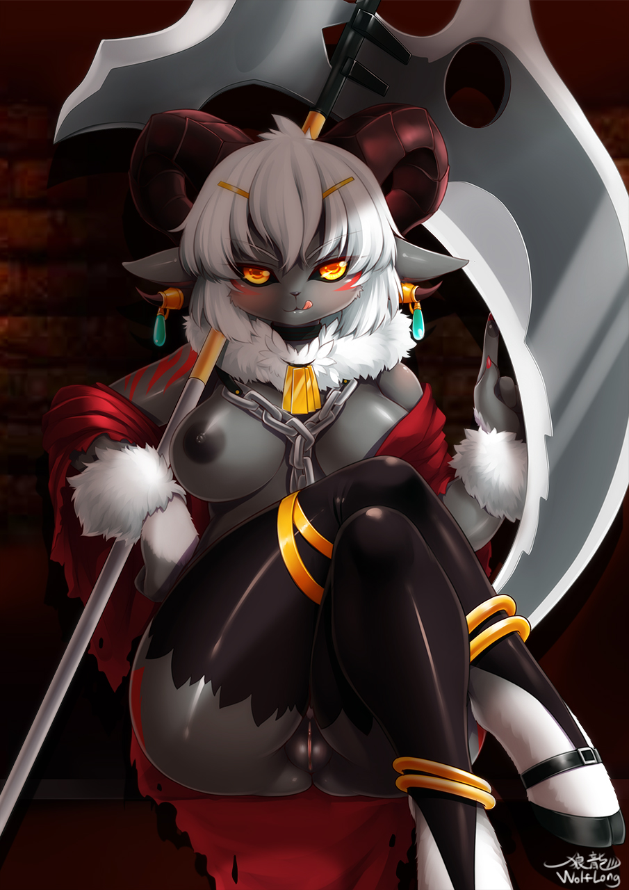 2019 amber_eyes anthro ass bovid breasts caprine clothed clothing female fur goat grey_fur hair hi_res holding_object holding_weapon horn jewelry legwear looking_at_viewer mammal melee_weapon neck_tuft nipples partially_clothed polearm pussy scythe sitting solo thigh_highs tongue tongue_out tuft weapon white_hair wolflong