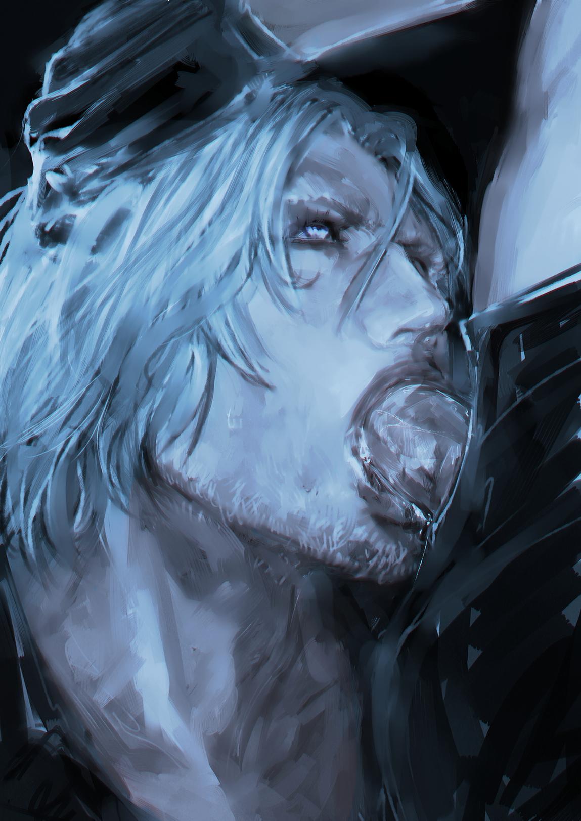 2boys, blowjob face, close up, cock gobble, cock hungry, cum hungry, dante (devil may cry), dark background, deepthroat, devil may cry, devil may cry (series), erection, facial hair, fellatio, gay, giving head, gloves, going down on, hand on head, looking up, male, mostly offscreen character, mouthful, oral, oral sex, pants open, penis, penis in mouth, penis out, silver hair, sucking off, yaoi