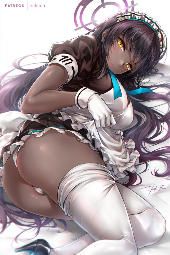 1girls 2021 blue_archive breasts cleaning_&_clearing_(blue_archive) dark-skinned_female dark_hair dark_skin female female_focus female_only gloves karin_(blue_archive) long_hair looking_at_viewer lying lying_on_side maid maid_headdress millennium_science_school_logo_(blue_archive) millennium_science_school_student pants pants_around_legs pants_pull pants_pulled_down pants_removed rei_kun simple_background solo solo_female solo_focus thick_thighs thighs tight_pants very_long_hair white_background white_gloves white_pants yellow_eyes