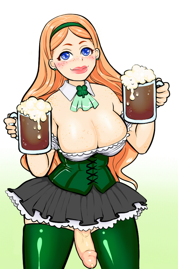 1futa, alcohol, big breasts, big penis, blue eyes, blush, breasts, busty, cleavage, dickgirl, earrings, edit, edited, freckles, furui (artist), futa only, futanari, hair ribbon, half-erect, huge breasts, huge cock, intersex, intersex only, jewelry, large breasts, legs, legwear, long hair, looking at viewer, maid, maid uniform, mug, orange hair, penis, phoenixeugene, pose, posing, precum, red hair, simple background, skirt, solo, st. patrick's day, standing, stockings, thick penis, thick thighs, thighhighs, third-party edit, veiny penis