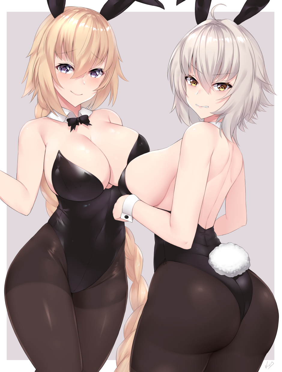 2girls, ass, big breasts, breasts, bunny ears, bunny girl, bunnysuit, cleavage, fate (series), fate/grand order, female, female only, jeanne alter, jeanne d'arc (fate), kuavera, large breasts, looking at viewer, looking back