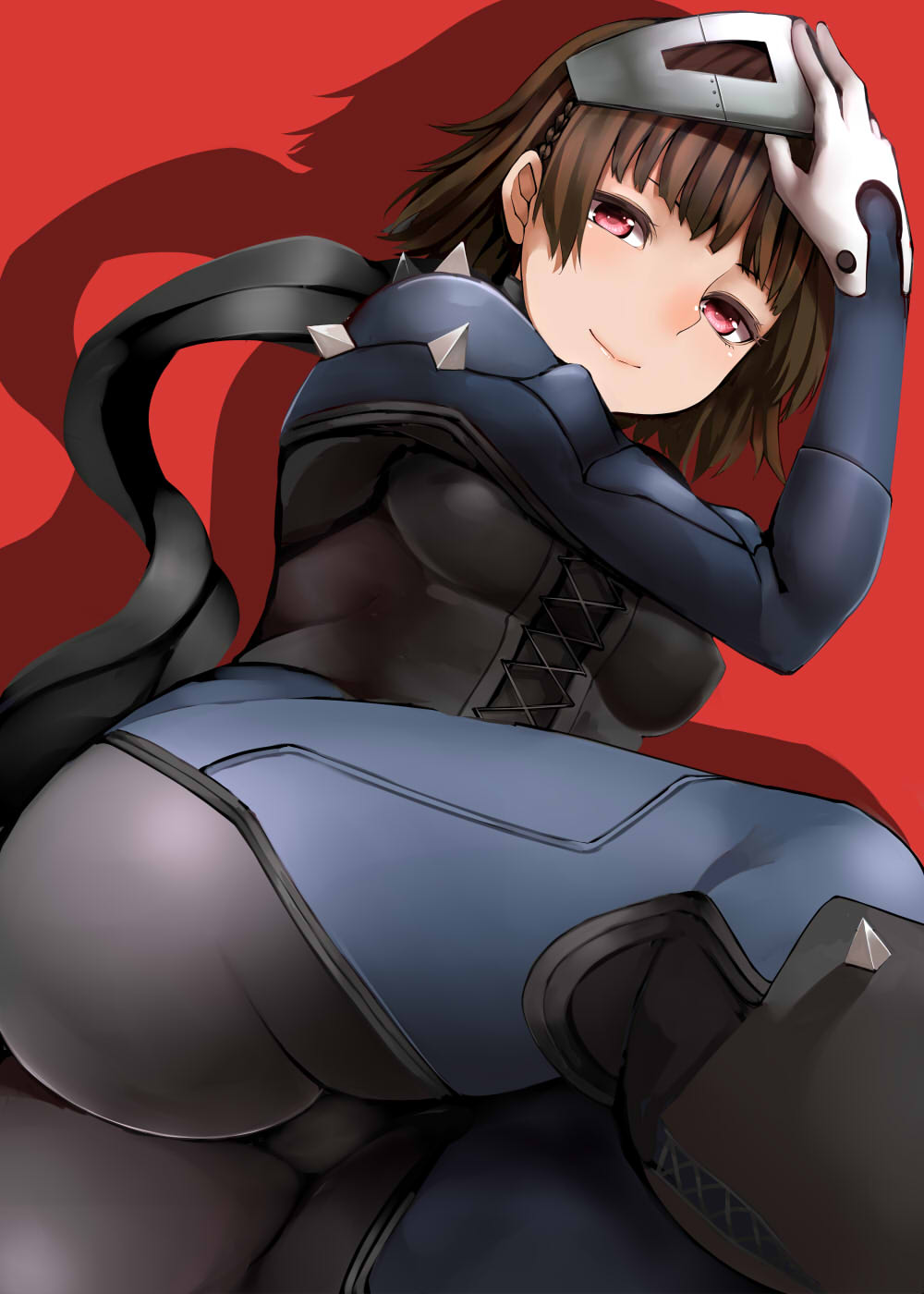 1girls, ass, atlus, clothing, female, female only, gloves, human, looking at viewer, makoto niijima, makoto niijima (queen), mask, pale skin, persona, persona 5, phantom thief suit, red background, short hair, smile, solo, solo focus, spikes, tight clothing
