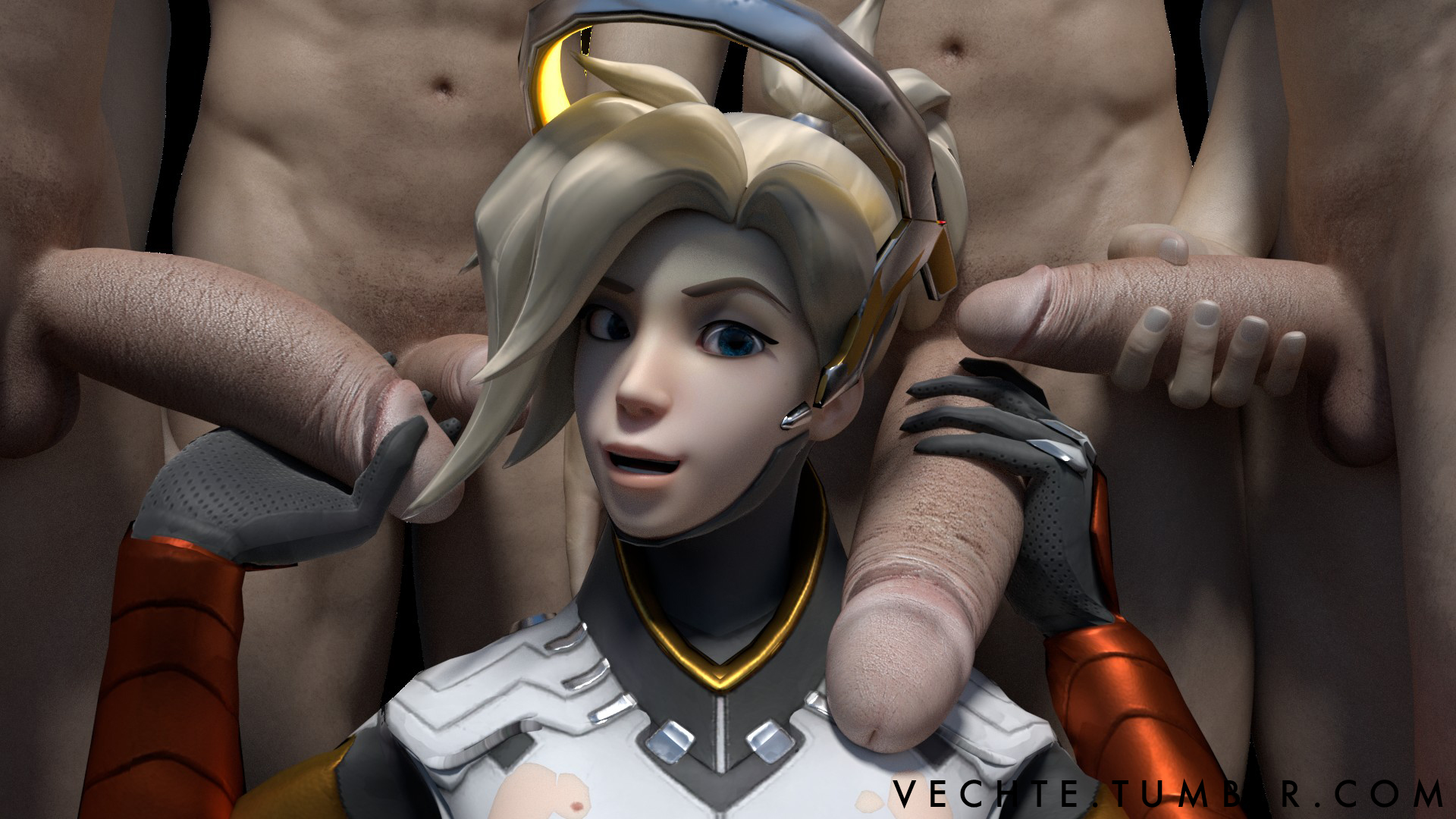 1girls, 3d, 4boys, big penis, black gloves, blowbang, blue eyes, faceless male, female, gangbang, gloved handjob, gloves, hand on penis, handjob, handjob with gloves, holding penis, huge cock, human, human only, looking at viewer, male, mercy, overwatch, penis, straight, touching penis, vekkte