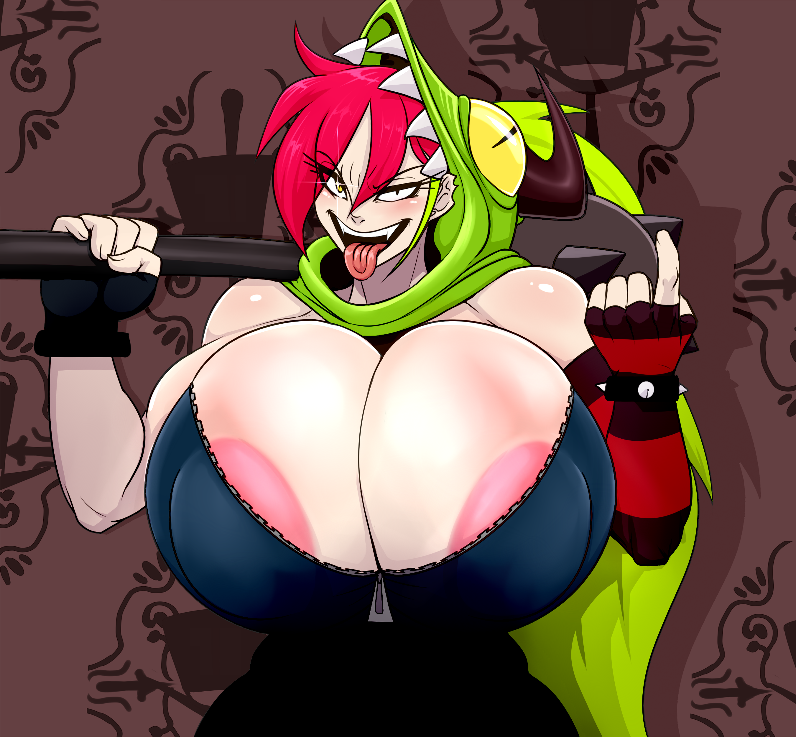 1girls, areola slip, ber00, big breasts, breast focus, breasts, cartoon network, cleavage, demencia (villainous), female, female only, fingerless gloves, gigantic breasts, green hair, huge breasts, long hair, looking at viewer, open mouth, pony tail, red hair, solo, solo female, tongue, tongue out, unzipped, very long hair, villainous, yellow eyes