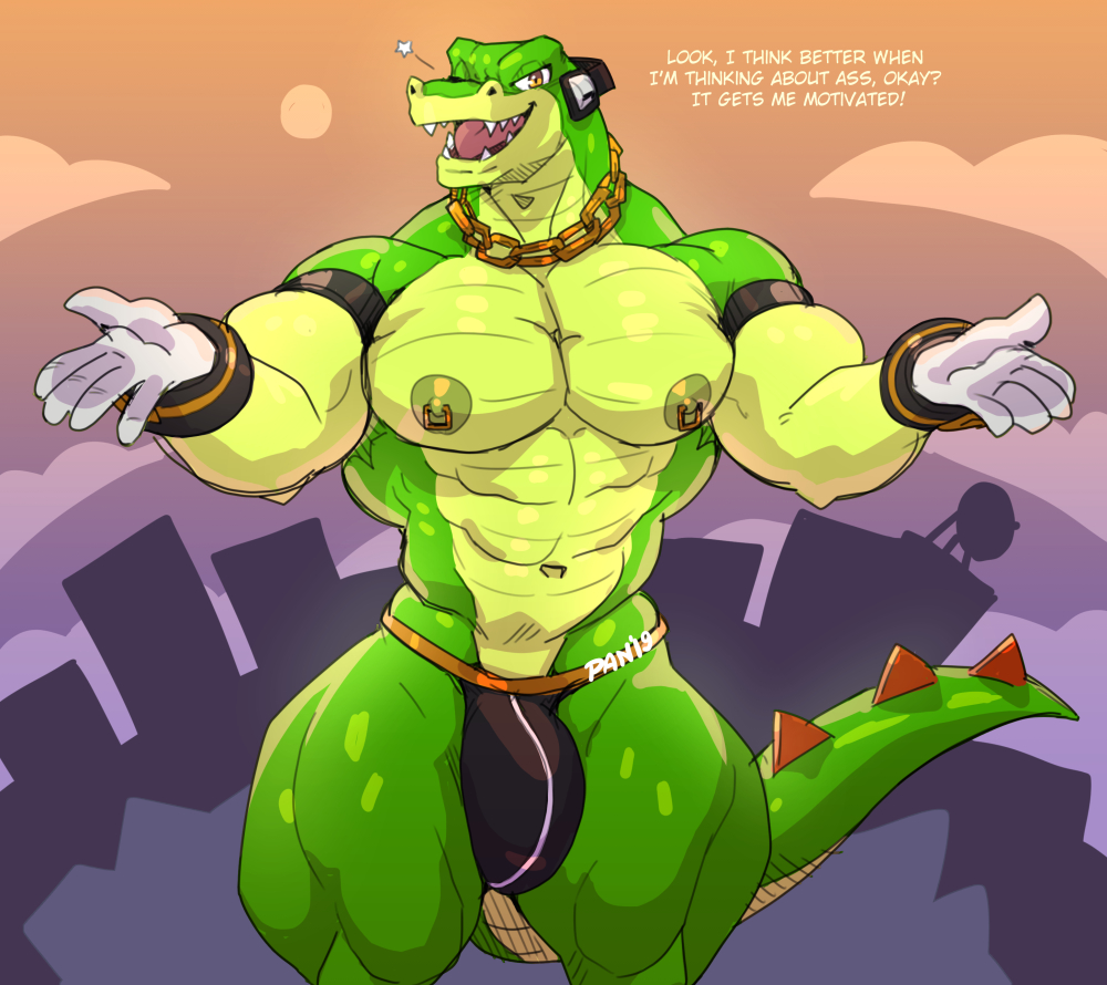 abs anthro bara crocodile crocodilian english_text gay jockstrap male_only muscles muscular nipple_piercing nipples pecs reptile scalie sonic_(series) sxf-pantera sxfpantera topless underwear vector_the_crocodile video_games