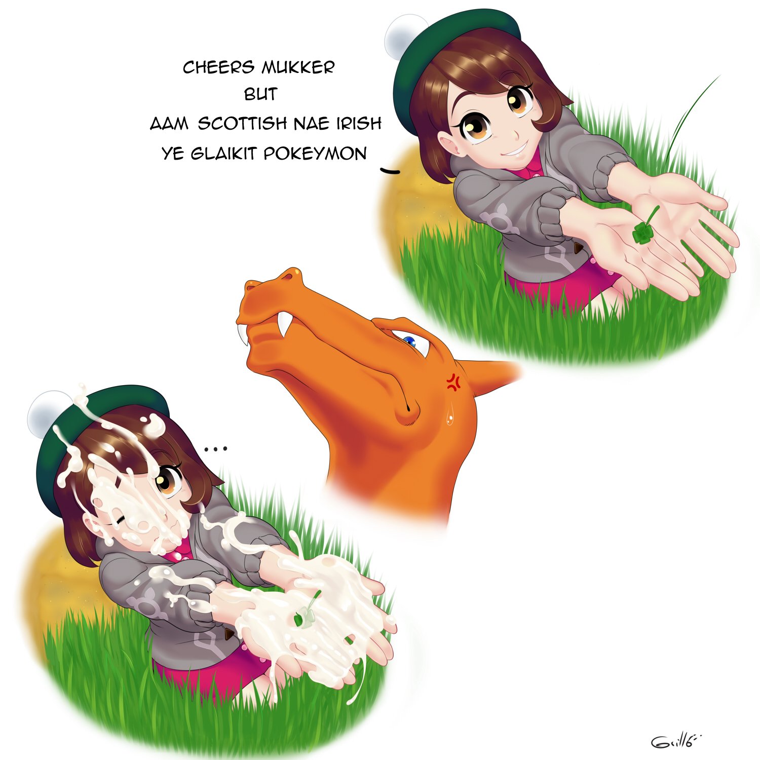 ..., 1girls, 2019, ambiguous gender, anger vein, angry, beret, blue eyes, brown eyes, brown hair, charizard, clothed, clothing, clover, cum, cum in eye, cum in hair, cum on clothes, cum on face, cum on hand, cum on hands, dialogue, dragon, duo, english text, excessive cum, facial, fangs, female, four leaf clover, game freak, gloria (pokemon), grass, grillo, hair, hat, hi res, human, interspecies, nintendo, outside, plant, pokémon (species), pokemon, pokemon (species), pokemon rgby, pokemon ss, pokephilia, scalie, scottish, serious, shirt, short hair, simple background, sitting, skirt, smile, straight, sweat, sweatdrop, sweater, tam o' shanter, text, video games, watermark, white background