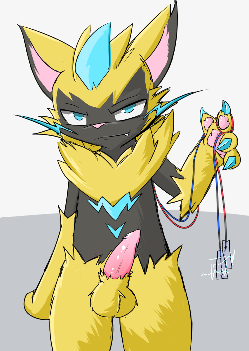 1boy 2019 4_fingers anthro anthrofied barbed_penis black_fur blue_eyes blue_fur claws electricity electrodes feline feline_penis fur furry grey_background grey_fur hi_res holding looking_at_viewer male male_only nintendo nude pawpads paws penis pink_nose pink_penis pokémon_(species) pokemon pokemon_usm ryoku smile solo standing teeth testicles video_games whiskers yellow_fur zeraora