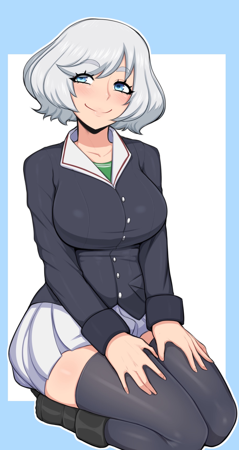 1girls, afrobull, black thighhighs, blue eyes, blush, boots, breasts, busty, erika zweisicht, female, on knees, original, original character, safe, school uniform, sfw, short hair, skirt, smile, thighhighs, uniform, white hair