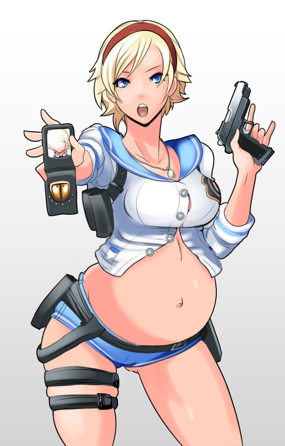 badge belt blonde_hair blue_eyes blue_sailor_collar blush butcha-u eroquis female firearm gun hairband handgun headband holding_weapon holster japanese_language japanese_text legband light_background midriff navel open_mouth parkdale pregnant ready_to_pop resident_evil resident_evil_2 resident_evil_6 sailor_collar sherry_birkin short_hair short_shorts shorts simple_background solo sweat sweatdrop text third-party_edit weapon wearing_old_clothes white_background