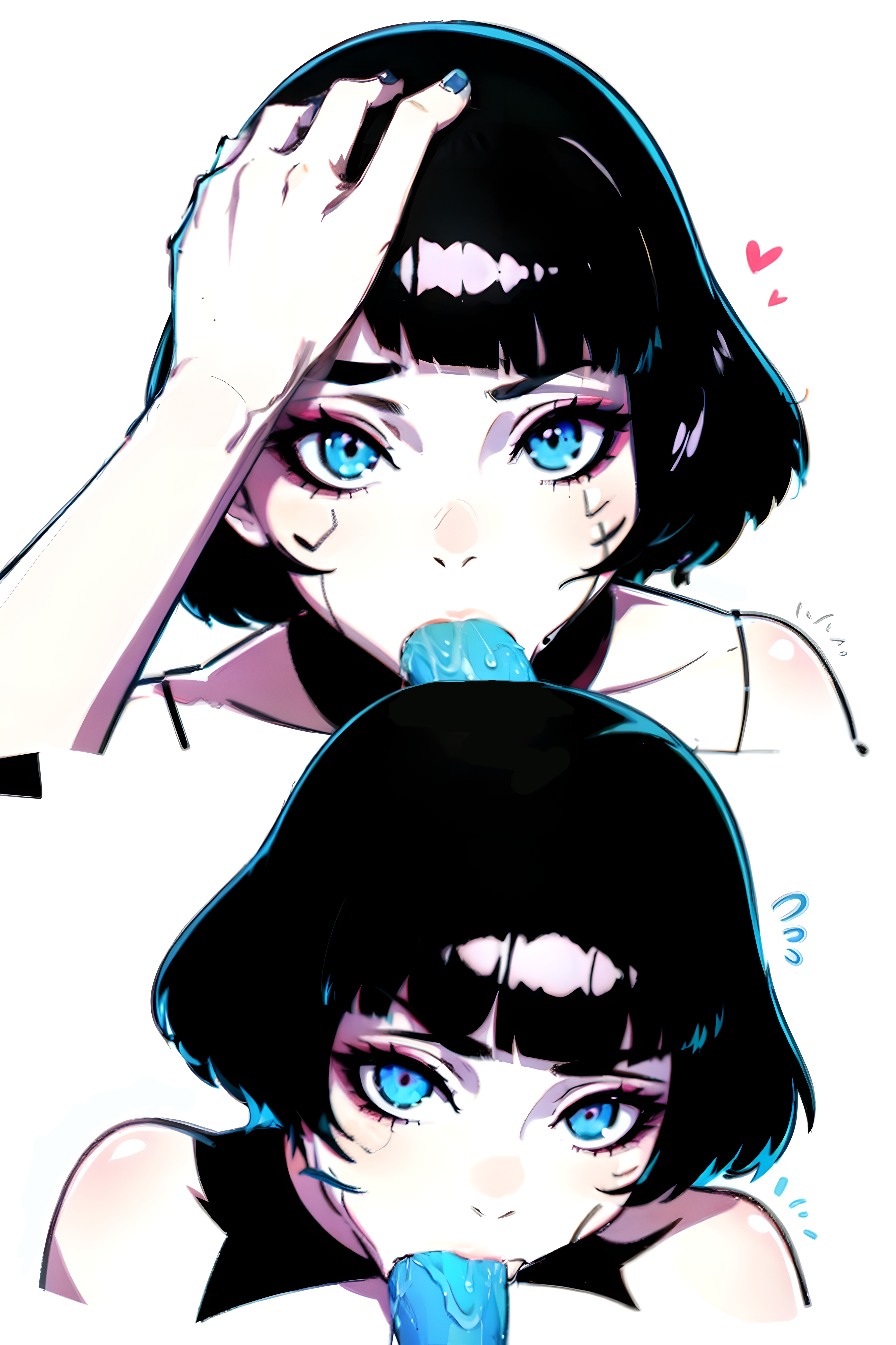 ai generated, black hair, blowjob, blue eyes, blue penis, cd projekt red, cute, cyberpunk 2077, cyberpunk: edgerunners, fellatio, female, hand on head, heart, male, oral, penis, sasha yakovleva, sucking, sucking penis, trembling