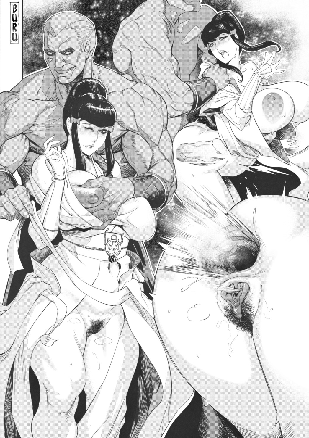 1boy, 1girls, anus, areolae, ass, ass focus, blush, breasts, burustandin, clitoral hood, clitoris, commission, crossover, erect nipples, fatal fury, female, geese howard, greyscale, highres, huge ass, kazumi mishima, large breasts, lips, male, monochrome, muscular, muscular male, nipples, nude, one eye closed, open mouth, penis, pubic hair, pussy, pussy juice, shiny, stomach, sweat, teeth, tekken, thighs, uncensored