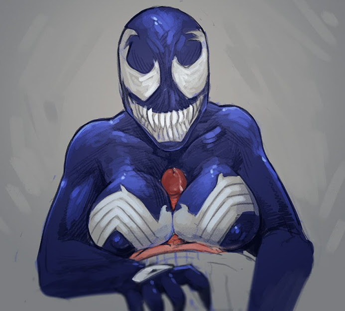 1boy, 1girls, alien, blue skin, breasts, cum, female, grey background, grin, huge breasts, human, humanoid, interspecies, large breasts, larger female, male, male human/female alien, male human/female humanoid, male pov, marvel, marvel comics, muscular, muscular female, nipples, paizuri, partially colored, penis, pov, sharp teeth, she-venom, size difference, sketch, smaller male, smile, spider-man (series), straight, symbiote, teeth, venom, venom (marvel), white eyes