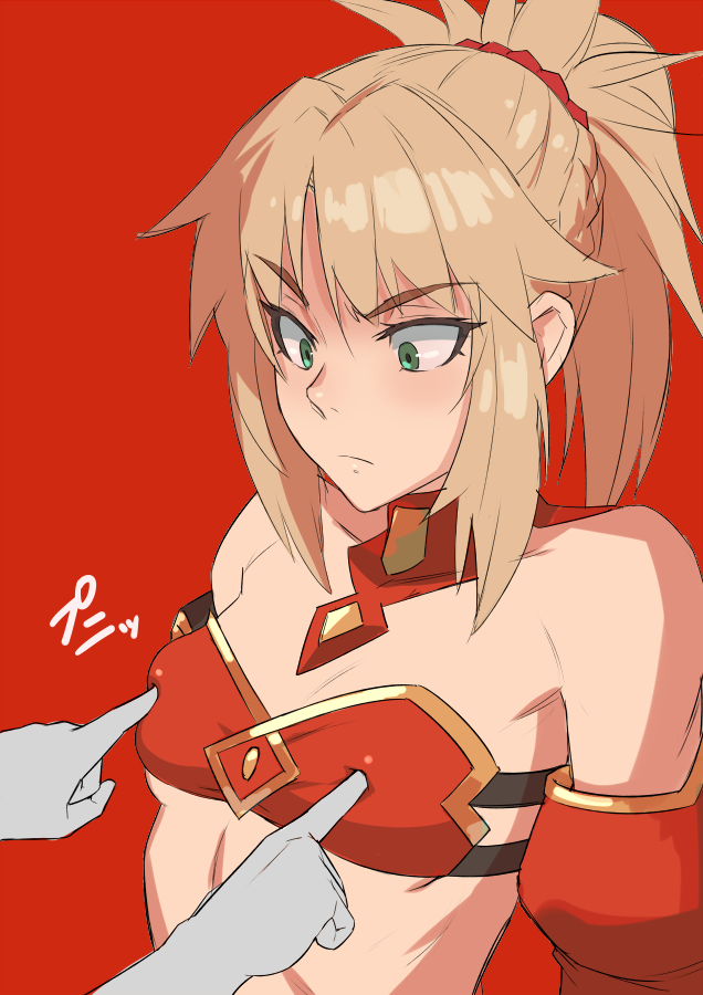 blonde_hair bra breast_poke breast_press breasts collar fate/apocrypha fate/grand_order fate_(series) green_eyes hair_tie light_skin looking_down midriff mikoyan mordred_(fate) pettanko pokies poking ponytail raised_eyebrows small_breasts sound_effects underwear