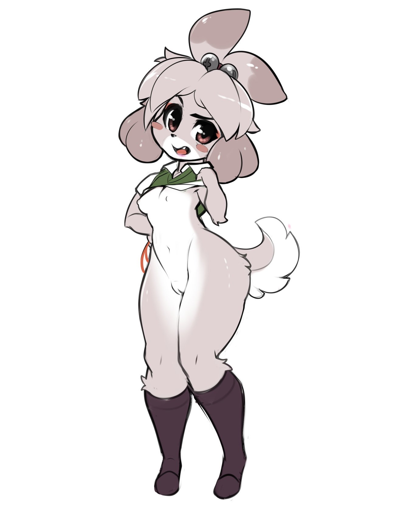 1girls, animal crossing, anthro, bottomless, breasts, canid, canine, canis, clothing lift, female, female focus, fur, furry, furry only, head tilt, isabelle (animal crossing), looking at viewer, mostly nude, naked, nintendo, nude, pussy, showing breasts, simple background, small breasts, solo, solo female, solo focus, tail, thick thighs, thighs, topwear, tsampikos, video games