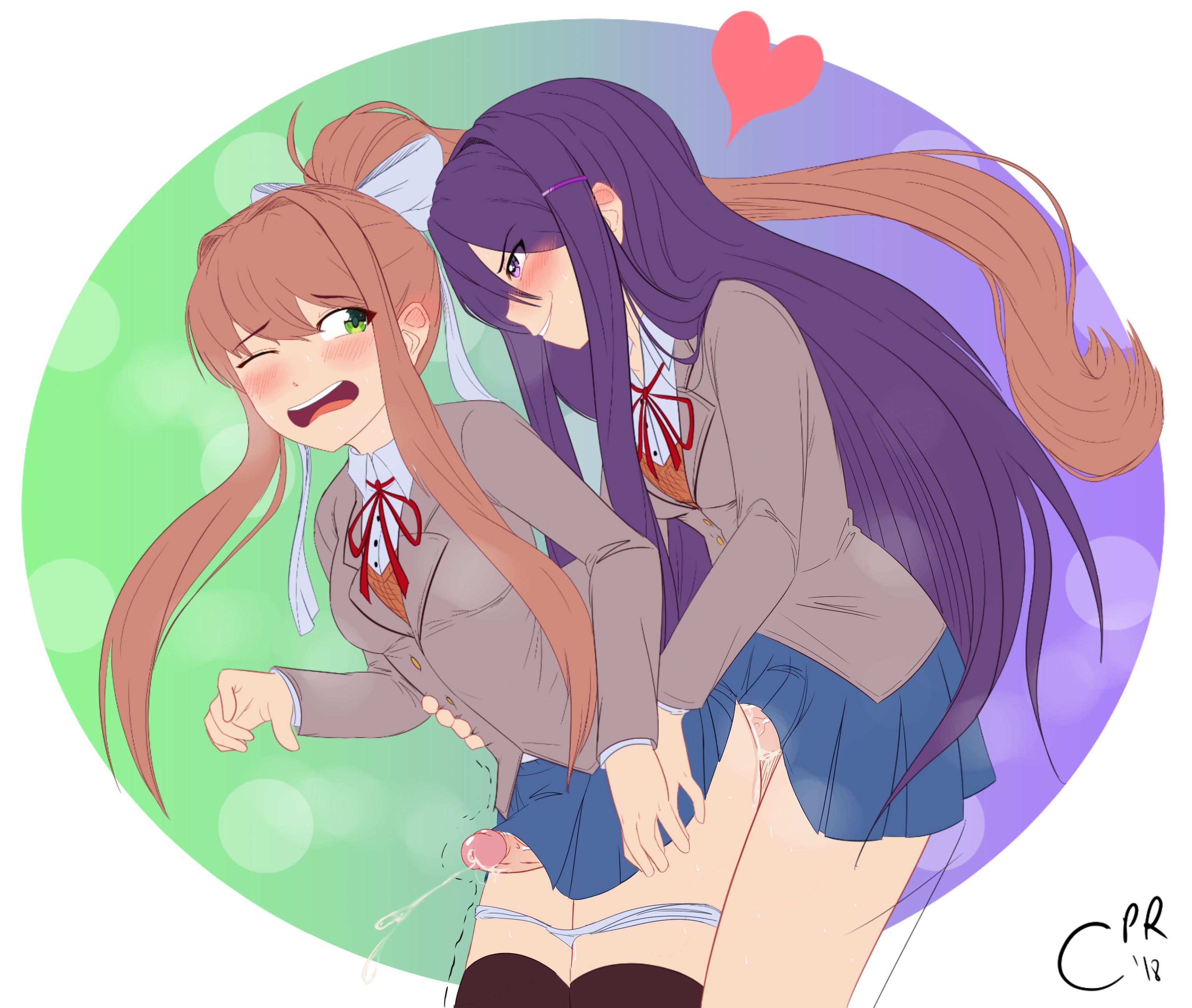 2futas, anal, brown hair, cabronpr, clothing, cum, cum while penetrated, doki doki literature club, edit, futa on futa, futanari, green eyes, intersex, monika (doki doki literature club), purple eyes, purple hair, skirt, thighhighs, yuri (doki doki literature club)
