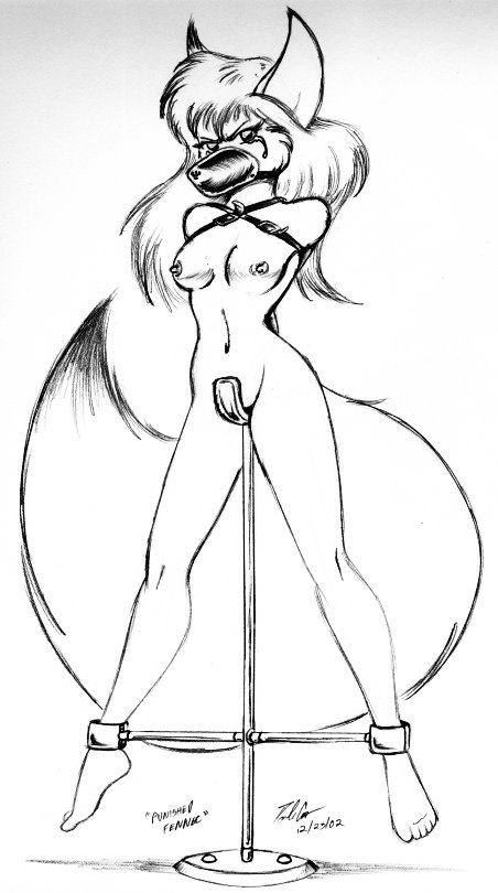 anthro armbinder arms_behind_back bondage breasts canid canine female femsub fox hands_behind_back mammal monochrome muzzle_(object) nipples nude one_bar_prison polecat_(artist) solo tears