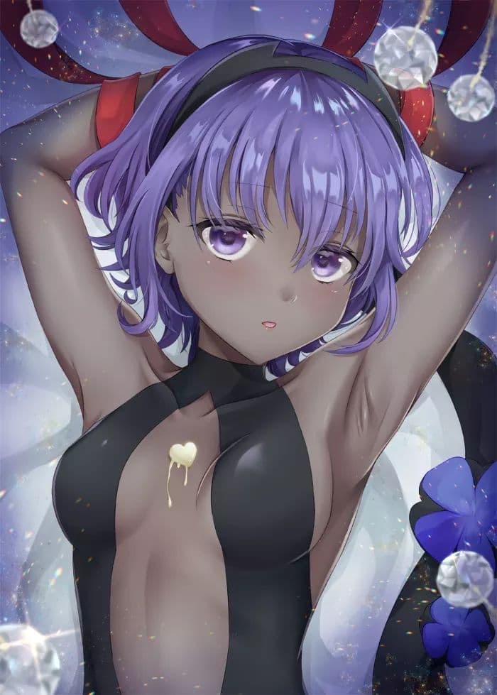 armpit crease, armpits, arms up, artist request, breasts, chocolate, dark skin, dark-skinned female, fate (series), fate/grand order, female, female only, food, hassan of serenity (fate), looking at viewer, lowres, purple eyes, purple hair, shiny, shiny skin, skin tight, small breasts, source request, tagme
