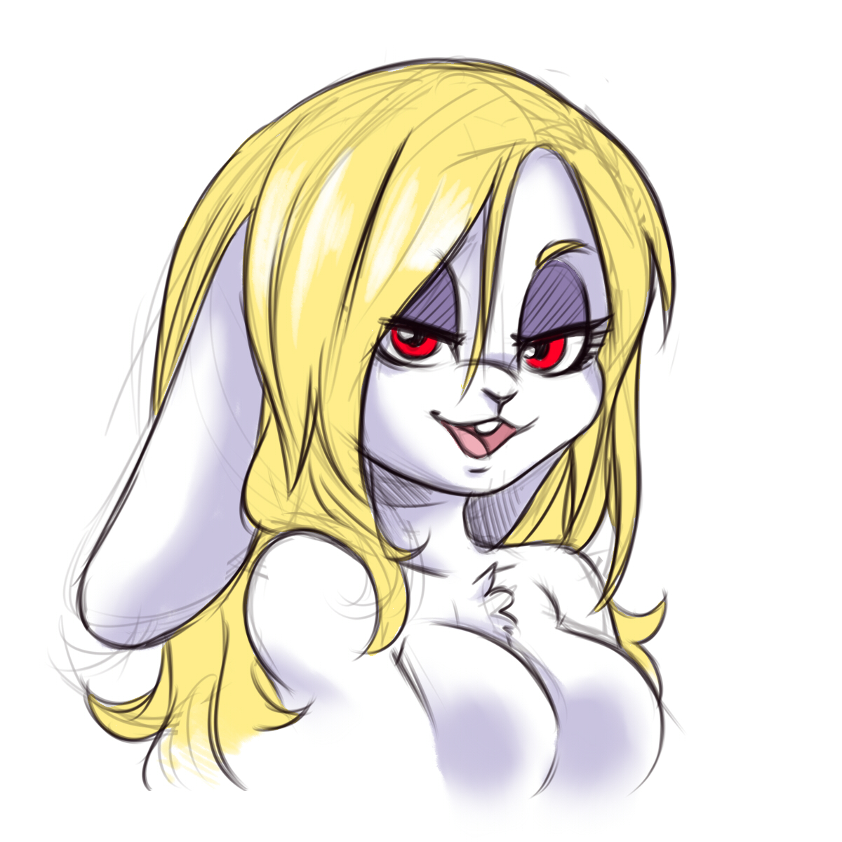 blonde hair, breasts, broodals, buck teeth, bunny ears, bust, eyeshadow, female, fur, furry, half-closed eyes, hariet (mario), long hair, mario (series), medium breasts, nintendo, no nipples, nude, plague of gripes, portrait, rabbit girl, red eyes, smiling, super mario odyssey, white fur