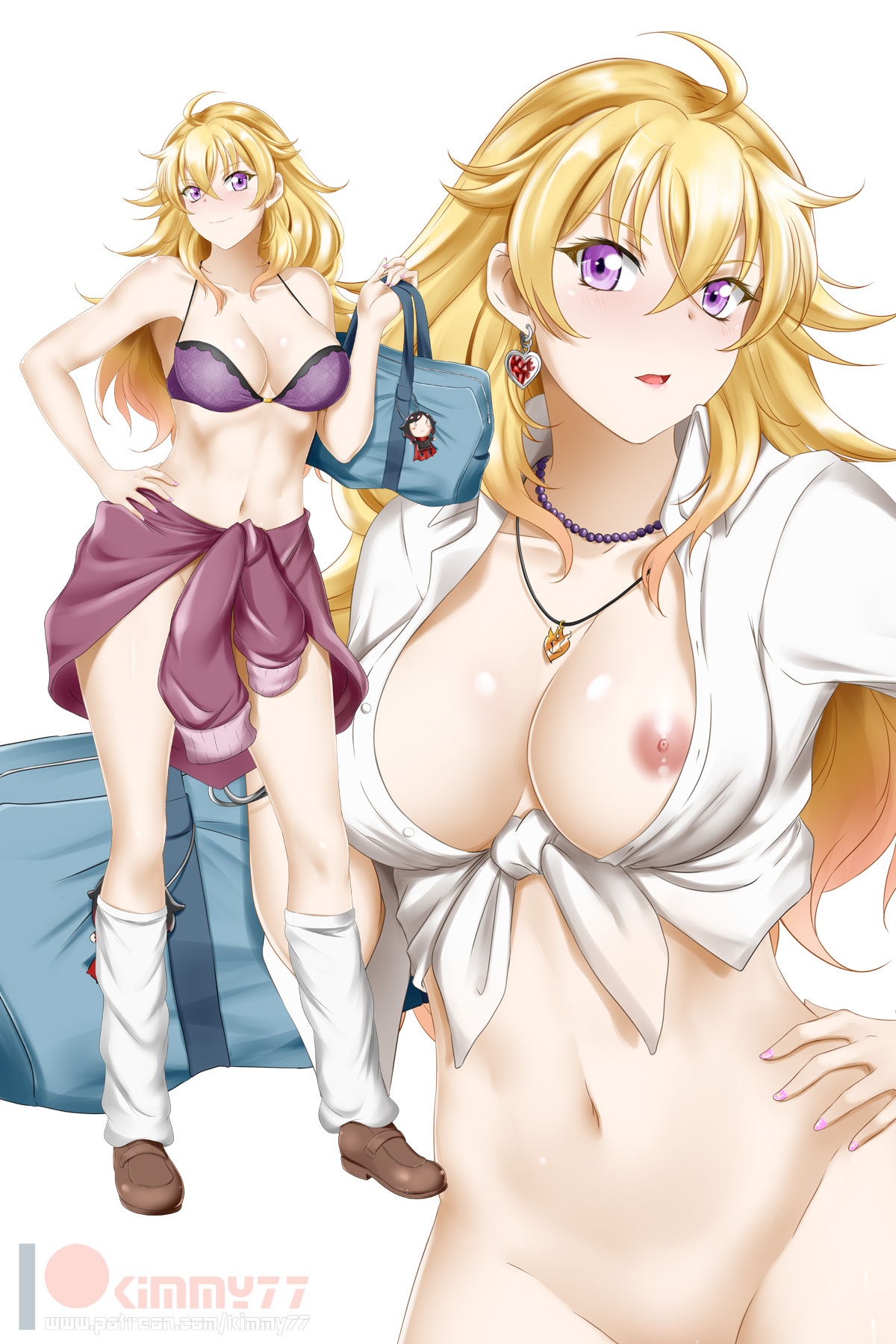 1girls, areolae, blonde hair, breasts, cleavage, female, female only, gyaru, kimmy77, looking at viewer, nipples, rwby, solo, yang xiao long