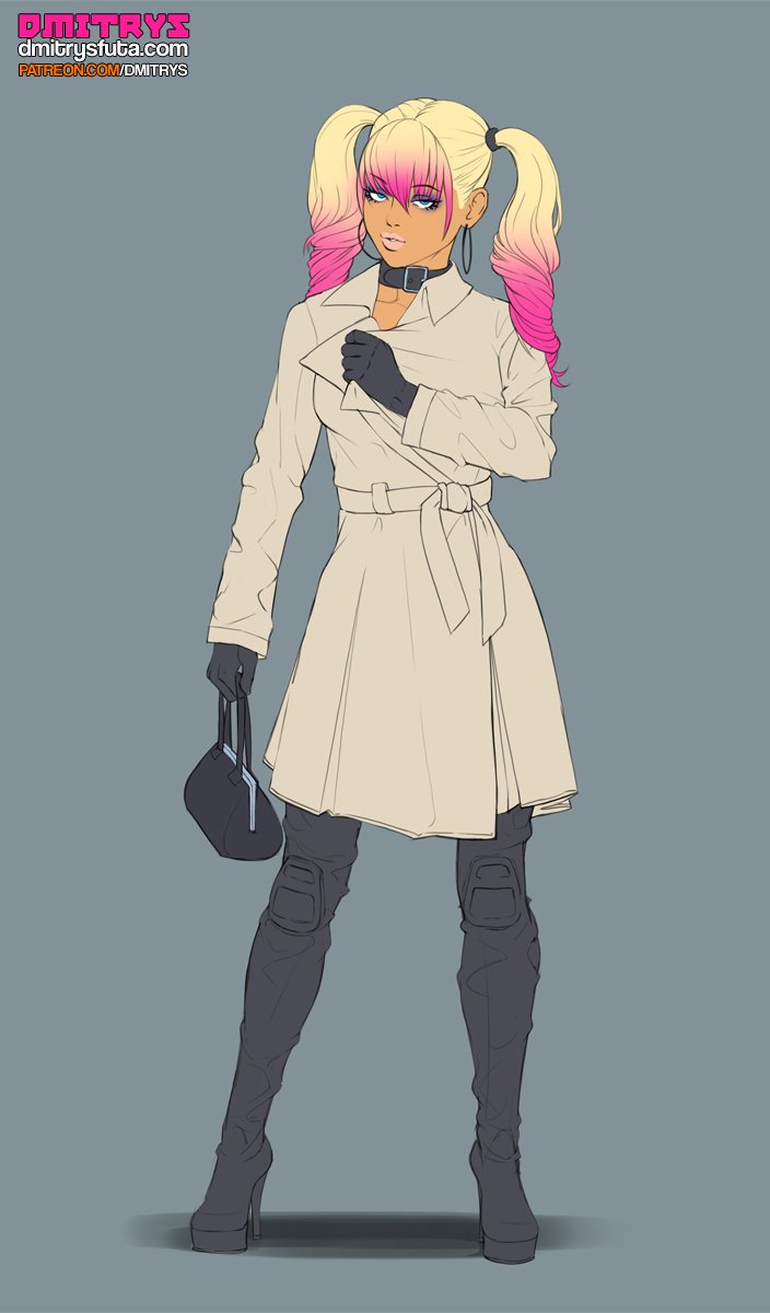 1boy androgynous boots coat dmitrys dyed_hair eyeshadow femboy girly gloves high_heel_boots hoop_earrings hoop_earrings_oversized lipstick makeup male male_only original original_character peach_(dmitrys) sissy solo thigh_boots trap trenchcoat twintails