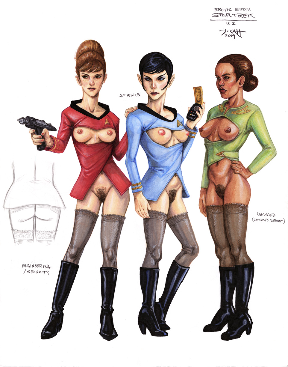 2019 3girls adapted_costume alien alien_girl assless_pants bare_ass bare_breasts blue_shirt boots bottomless bottomless_female breast_cutout breastless_clothes breastless_clothing breasts breasts_out brown_hair brunette casual communicator crotchless crotchless_clothes crotchless_clothing erotic_costume erotic_earth exposed_ass exposed_breasts exposed_nipples exposed_pussy exposed_torso female firearm functionally_nude functionally_nude_female green_shirt human humanoid multiple_girls naked navel nipples nude nude_female open_clothes open_skirt original_character phaser pointy_ears pubes pubic_hair red_shirt revealing_clothes shameless slit star_trek star_trek_the_original_series starfleet_insignia starfleet_uniform stockings tcatt topless topless_female trio uniform vulcan_(species) vulva