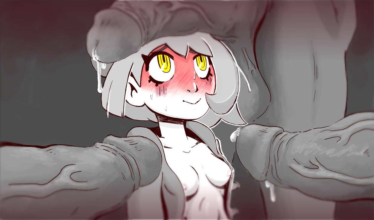 1girls, 3boys, alternate eye color, areolae, artist request, balls, blush, breasts, breasts out, clothed female nude male, dark skin, dark-skinned male, erection, eyelashes, female, gloria (pokemon), huge balls, huge penis, huge testicles, human, hyper, hyper penis, interracial, long penis, looking up, male, nintendo, nipples, nude, partially colored, penis, penis awe, penis on face, penis on head, pokemon, pokemon ss, precum, shirt, small breasts, smile, standing, straight, surrounded by penises, sweat, testicles, thick penis, veins, veiny penis, wet, yellow eyes