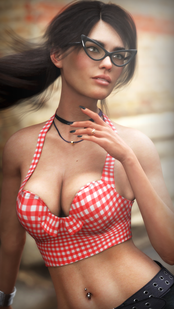 breasts cleavage daz3d female genesis8 genesis8female glasses green_eyes navel necklace piercing pinup ponytail