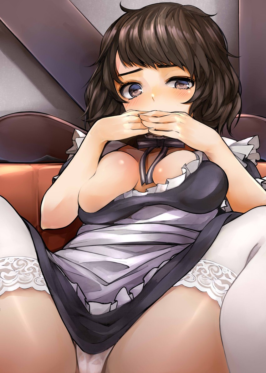 1girls, atlus, breast press, breasts, breasts out, brown eyes, brown hair, clothed, clothes, clothing, covering mouth, female, female only, leggings, maid, maid uniform, panties, persona, persona 5, sadayo kawakami, short hair, solo, solo focus