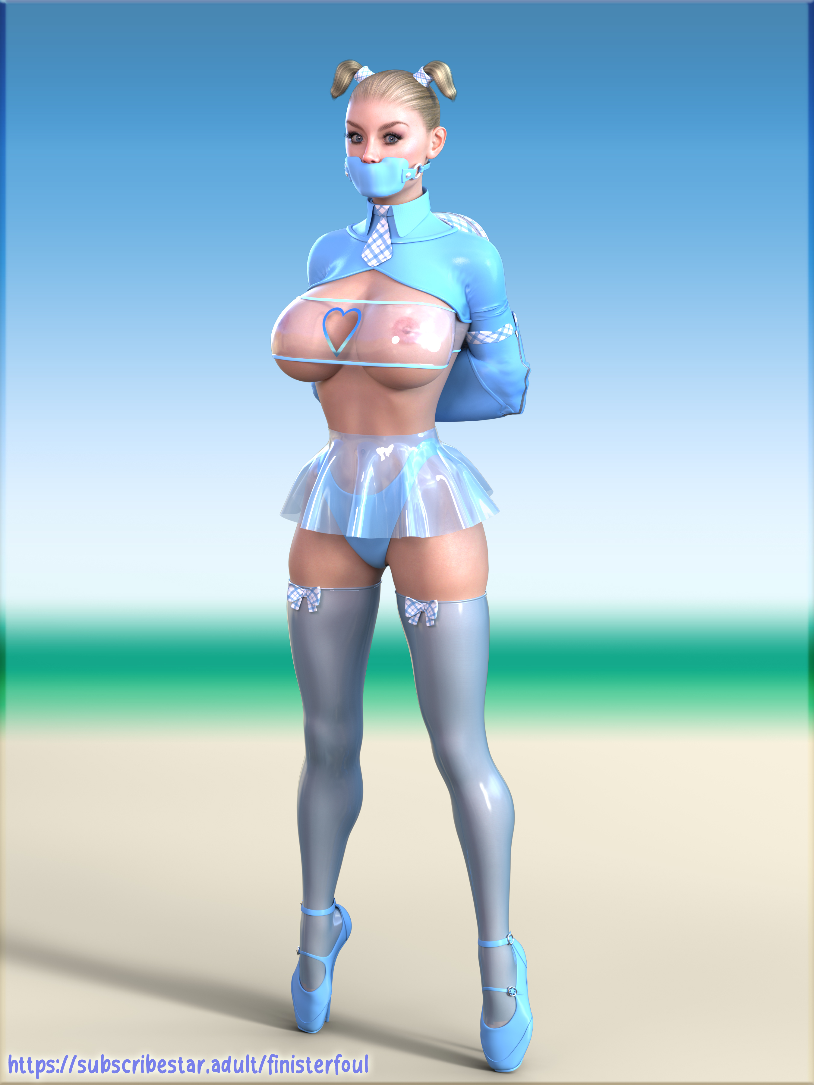 1girls, 3d, 3d (artwork), 3d render, armbinder, arms behind back, backpack, ballet heels, barely clothed, blue clothing, bondage, bound, bound arms, boxbinder, female, female only, femsub, finisterfoul, gag, gagged, high heels, looking at viewer, microskirt, miniskirt, panel gag, panties, revealing clothes, school uniform, shiny clothes, skimpy clothes, skimpy uniform, skirt, standing, stockings, thighhighs, translucent clothing, transparent clothing, uniform, very high heels