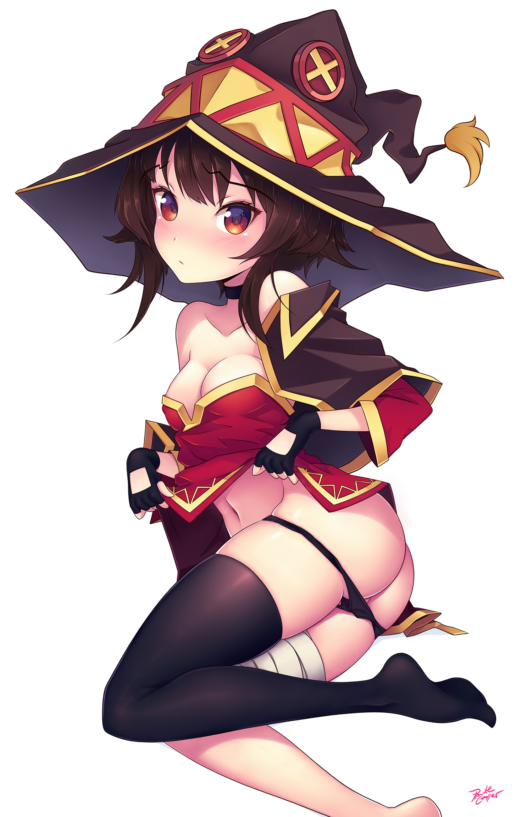 1girls, ass, bandaged leg, bandages, bangs, bare shoulders, big hat, black, black gloves, black legwear, black panties, blush, breasts, brown hair, choker, collar, dress, dress lift, female, fingerless gloves, gloves, highres, kono subarashii sekai ni shukufuku wo!, looking at viewer, megumin, navel, panties, privatecaller, red dress, red eyes, short hair, simple background, single thighhigh, solo, thighhighs, witch hat
