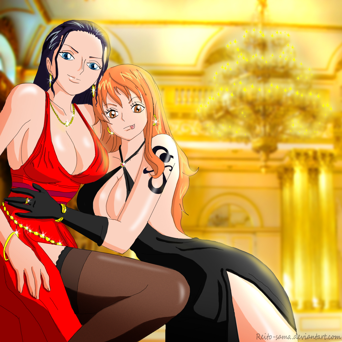 :p, 2girls, alternate costume, arm tattoo, bare shoulders, black dress, black gloves, black hair, black tattoo, black-haired female, blue eyes, bracelet, breasts, brown eyes, brown legwear, cleavage, closed mouth, collarbone, criss-cross halter, dress, duo, earrings, eyebrows, eyelashes, female, female only, gloves, hug, human, human only, indoors, jewelry, knee up, long hair, looking at viewer, multiple females, multiple girls, mutual yuri, nami (one piece), neck, necklace, nico robin, one piece, orange hair, orange-haired female, post-timeskip, red dress, reito-sama, ring, shounen jump, side slit, side-by-side, smile, tattoo, thighhighs, tongue, tongue out, yuri