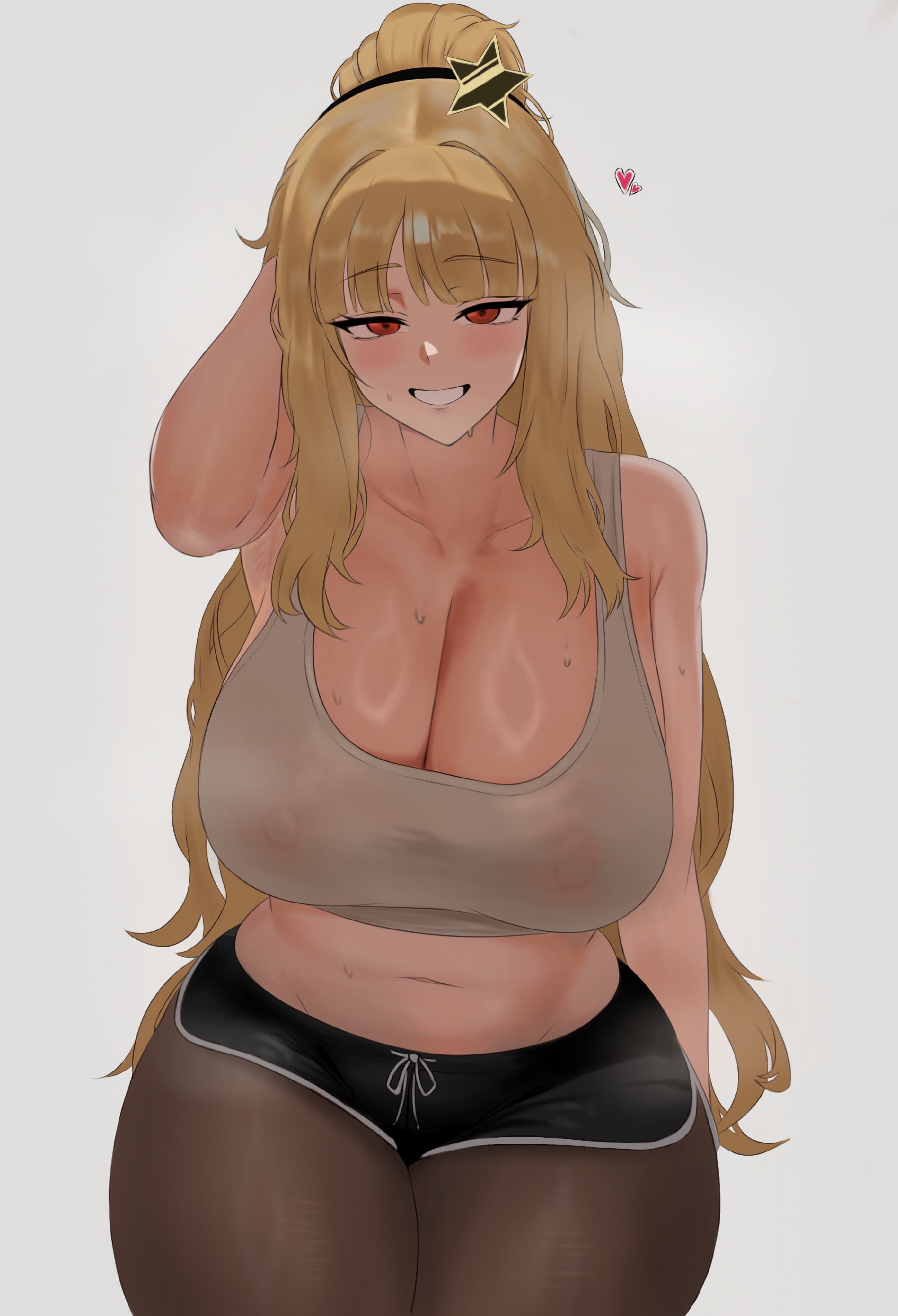 1girls, bangs, belly, belly button, big breasts, blonde hair, cleavage, clothed, clothed female, crop top, cropped shirt, distortion detective, dolphin shorts, ezra (distortion detective), female, female only, gigantic breasts, huge breasts, human, leggings, leggings under shorts, light skin, light-skinned female, limbus company, long hair, looking at viewer, nipples visible through clothing, pmlbtmlorlc, project moon, red eyes, revealing clothes, see-through, see-through clothes, see-through clothing, see-through shirt, smiling, smiling at viewer, sweat, sweatdrop, sweating, sweaty, sweaty body, sweaty breasts, sweaty clothes, sweaty clothing, thick thighs, tummy, voluptuous