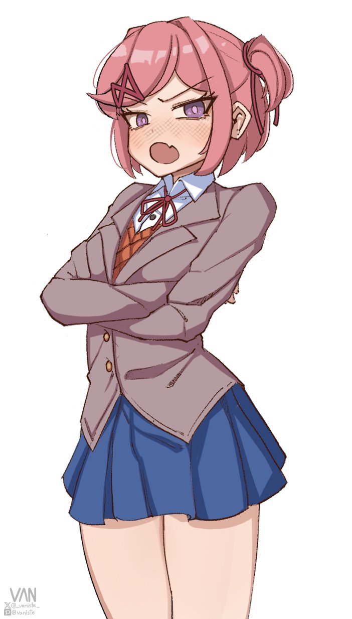 1girls, blue skirt, blush, blush lines, bob cut, clothed, clothed female, clothing, doki doki literature club, female, female only, frowning, looking at viewer, natsuki (doki doki literature club), open mouth, petite, petite body, petite female, pink hair, pinup, purple eyes, school uniform, short hair, teenage female, teenager, vaniste, variant, variant set, white background