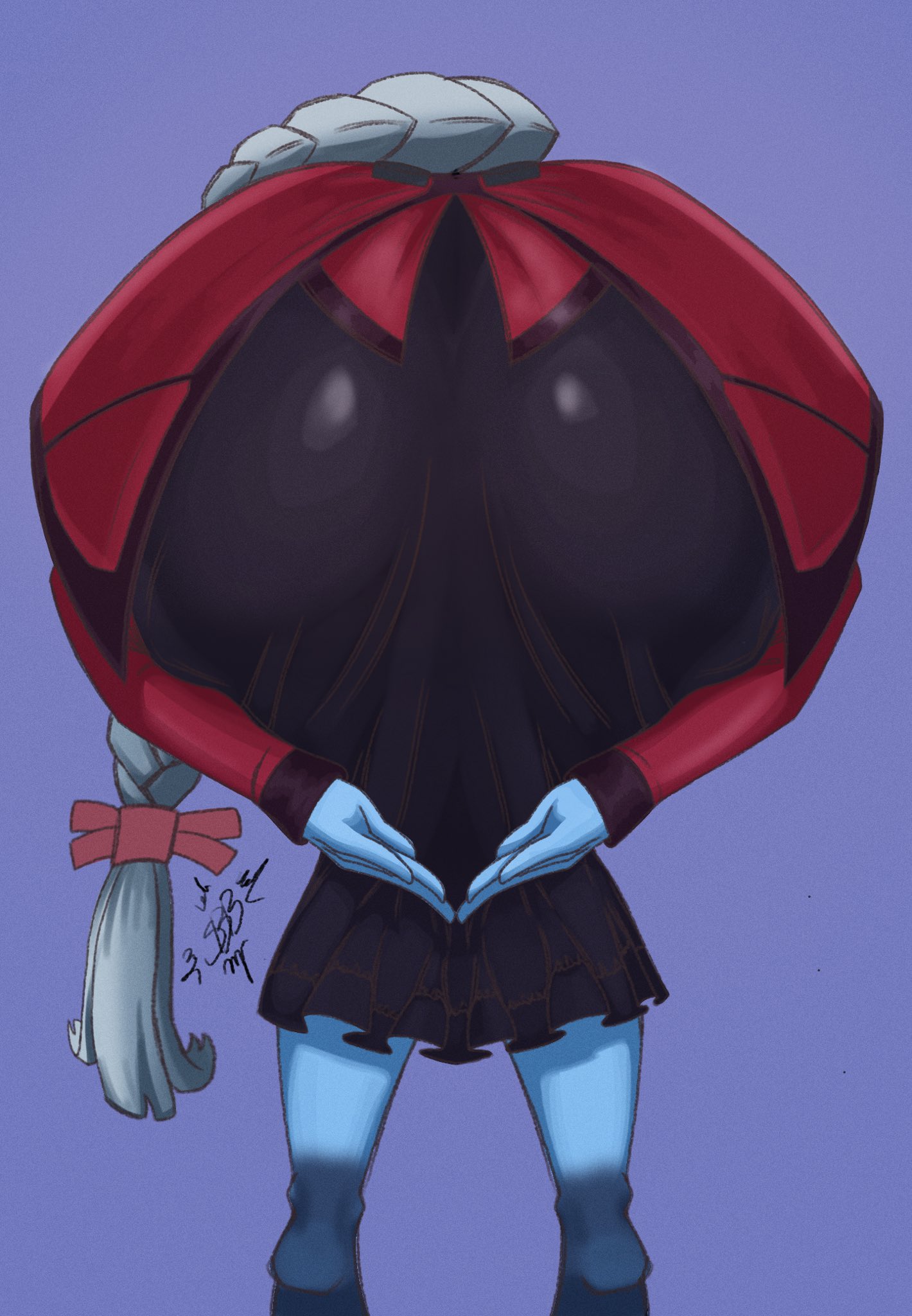 1girl, 1girls, ass, ass focus, blue skin, braid, braided hair, braids, clothed, clothed female, deadlock, dress, female, female focus, female only, ghost, ghost girl, heart butt, heart meme, long hair, long hair female, posing, posing for viewer, solo, solo female, strawberryblood, suggestive, valve, victorian dress, vindicta (deadlock), white hair, white hair female
