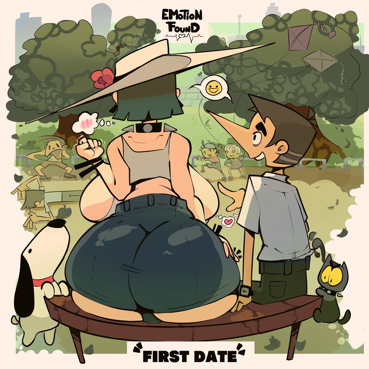 1boy, 1girls, ass bigger than head, blush, chelo, clenched fist, clenched hand, cute, date, fat ass, female, huge breasts, hyper, hyper ass, in love, long nose, park, park bench, source, tagme, talking, wholesome