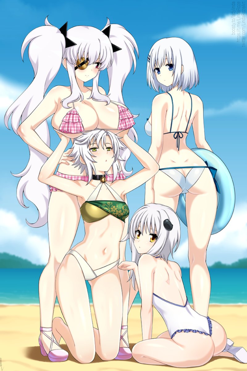 4girls, ass, beach, big breasts, bikini, blue eyes, breasts, character request, crossover, date a live, eyepatch, female, female only, high school dxd, koneko toujou, light-skinned female, lindaroze, senran kagura, swimsuit, tobiichi origami, white hair, yagyuu (senran kagura), yellow eyes